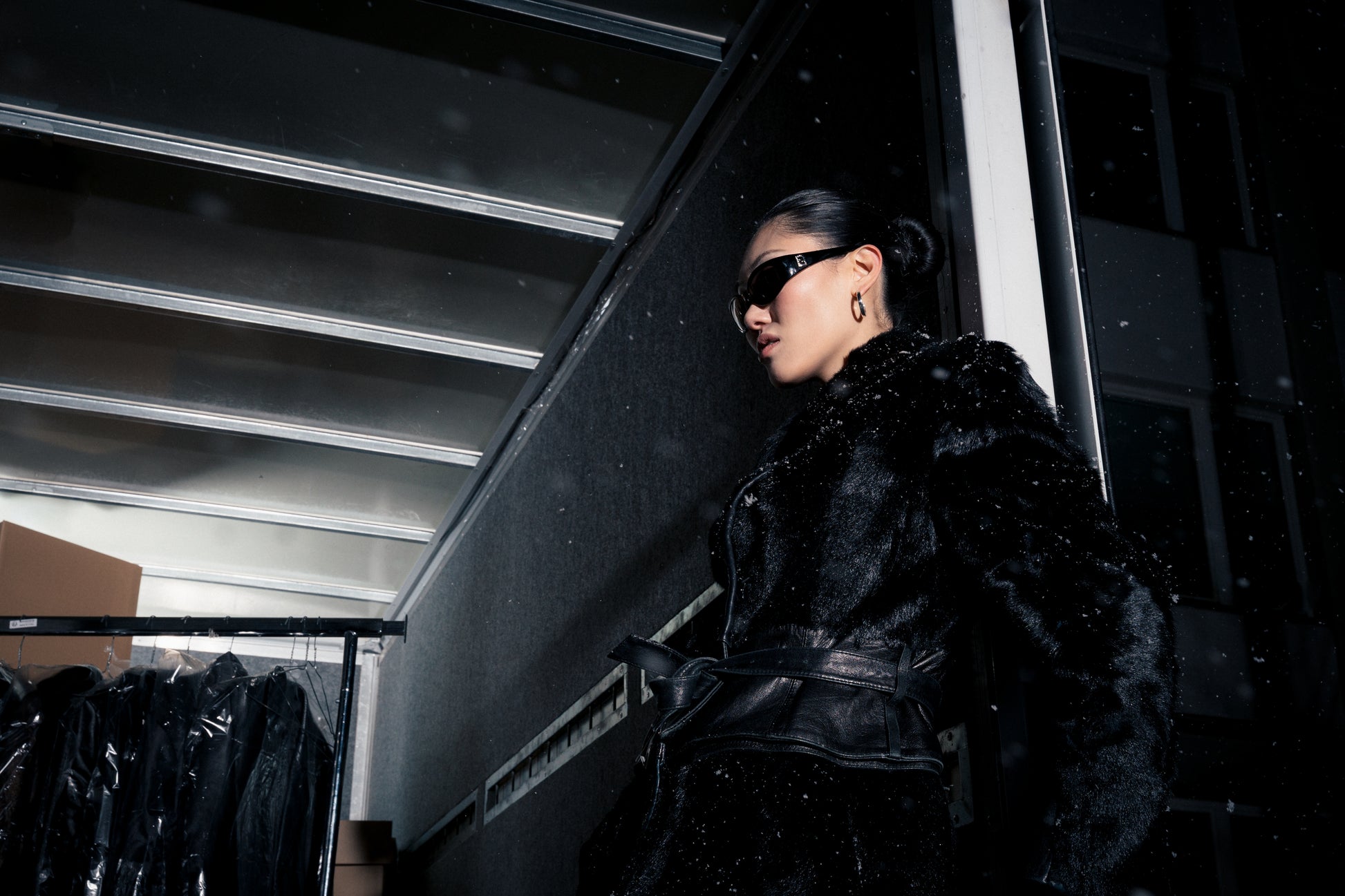 Convertible belted shearling and leather coat