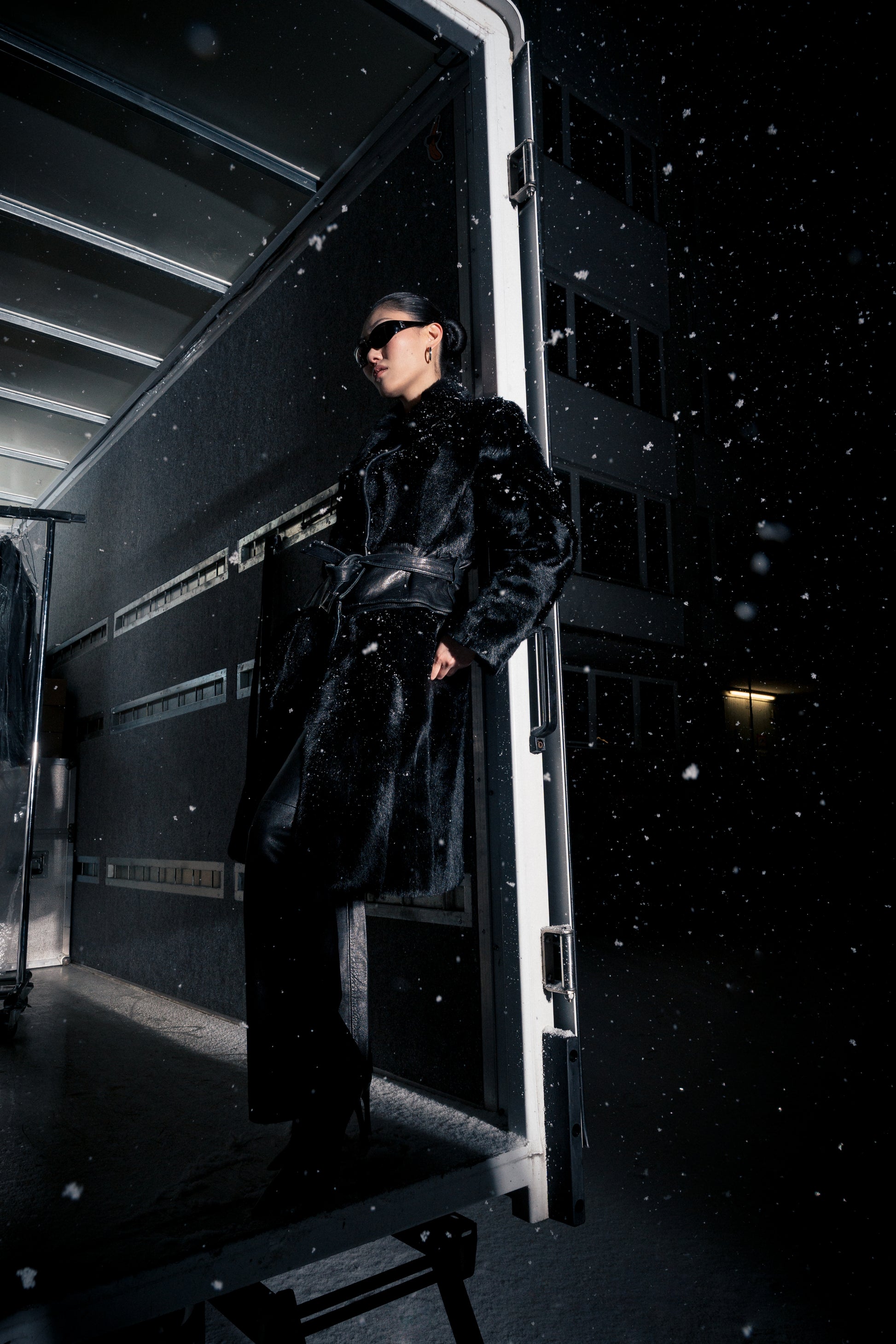 Convertible belted shearling and leather coat