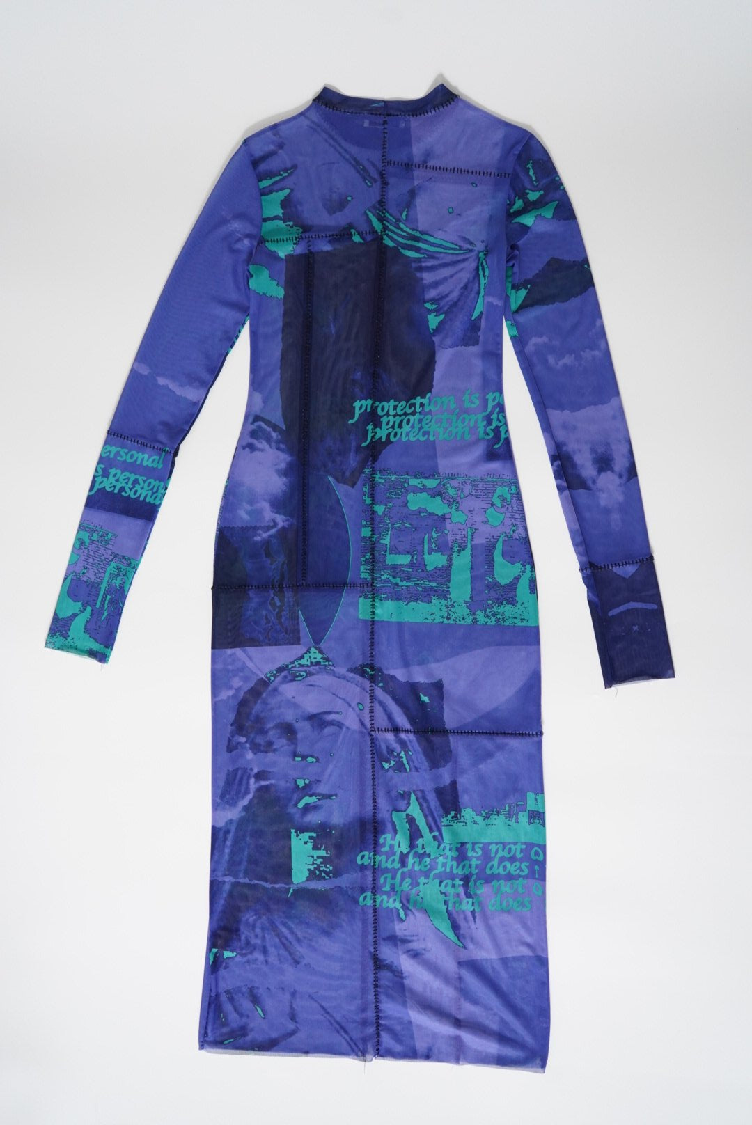 Paneled printed mesh midi dress