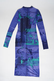 Paneled printed mesh midi dress