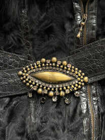 Belted shearling and leather jacket