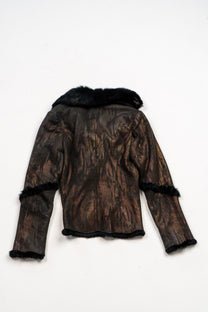 Metallic paneled shearling-trimmed leather jacket