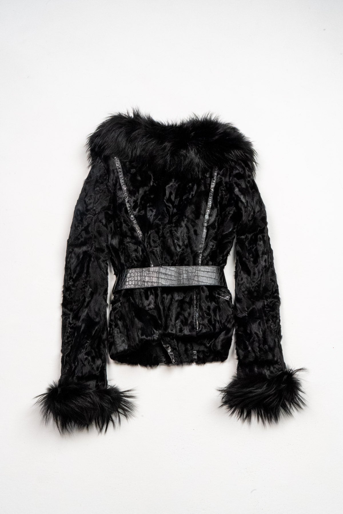 Belted shearling and leather jacket