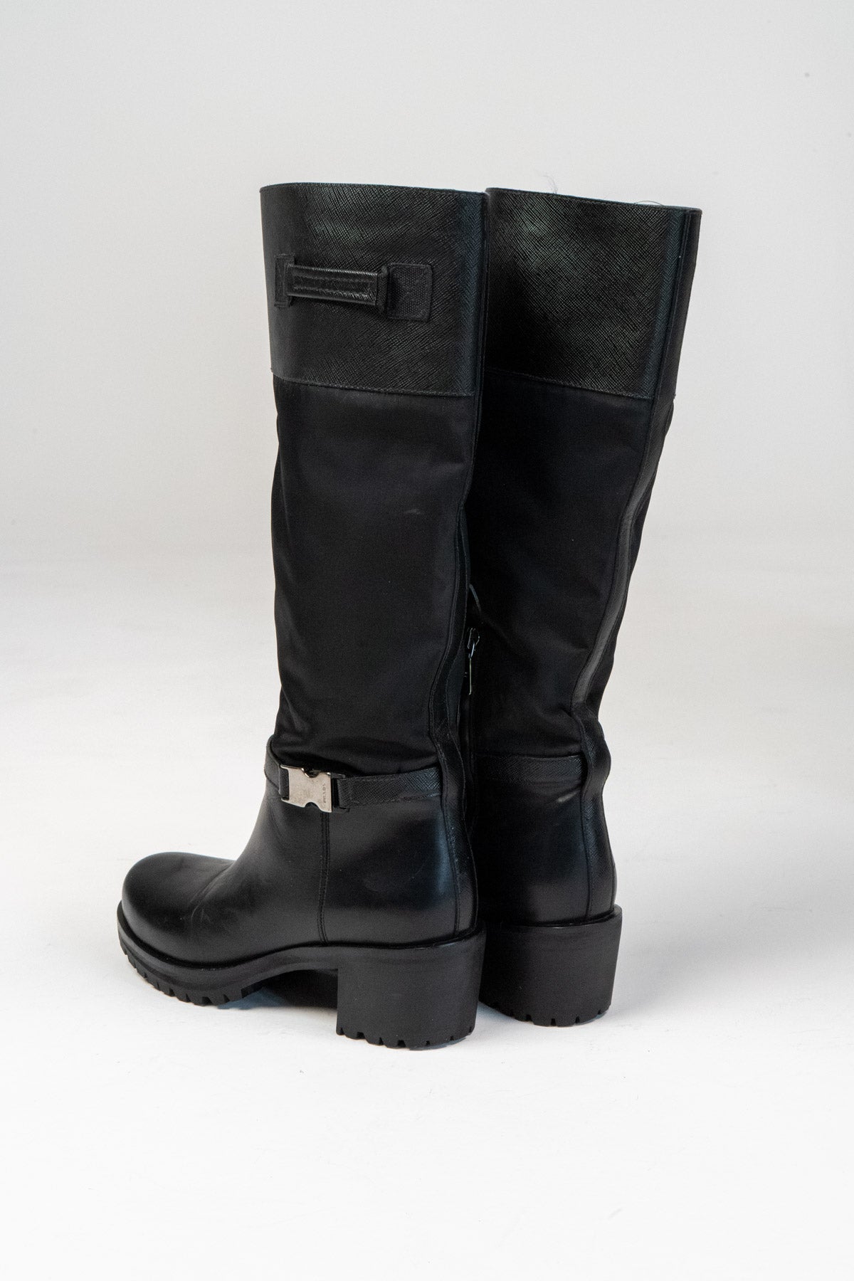 Prada Re-Nylon leather knee-high boots (Size 38)