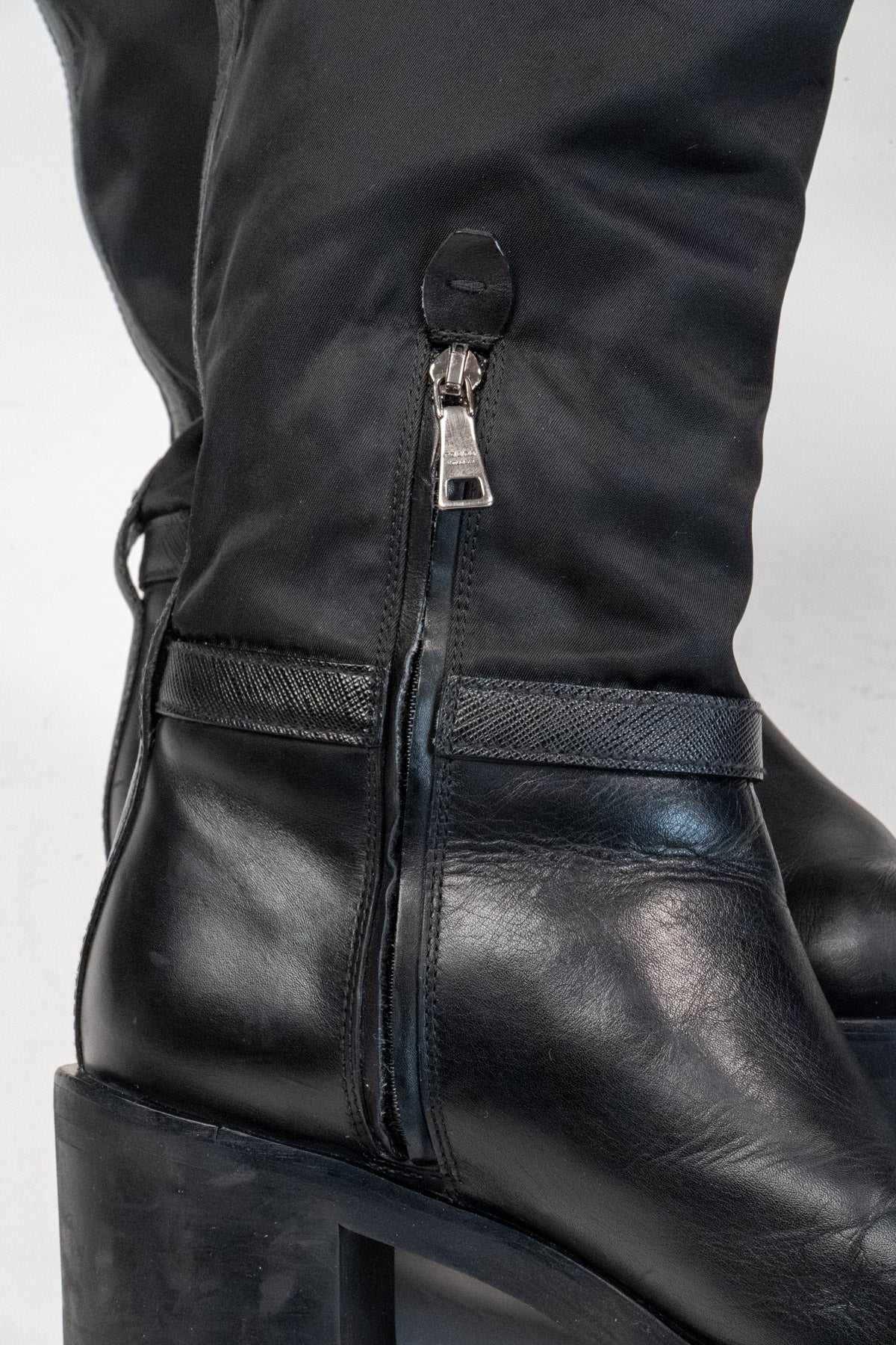 Prada Re-Nylon leather knee-high boots (Size 38)